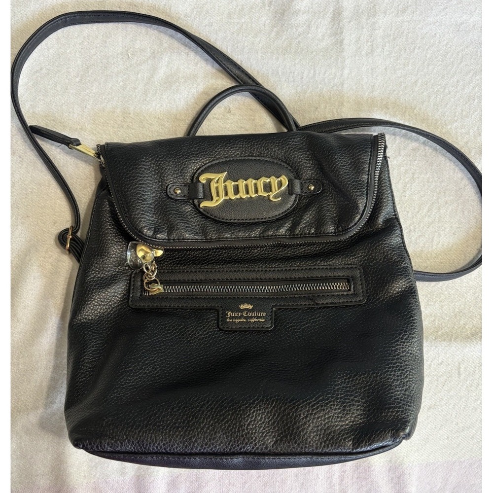 Juicy Couture Faux Pebble Leather Backpack Logo Gold Zip Pockets Charm EUC